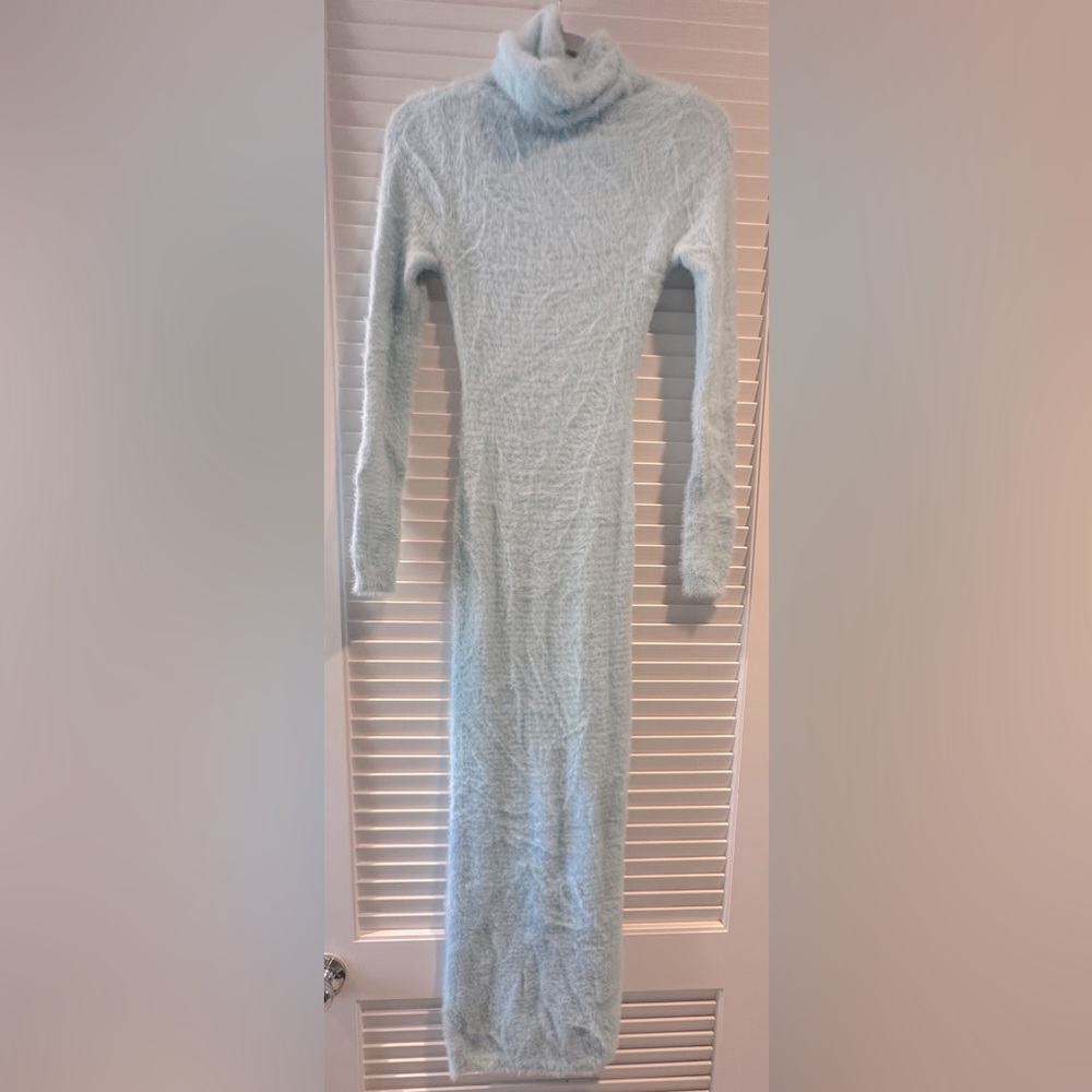 Fashion Nova Light Sky Blue Long-sleeve Fuzzy Maxi Dress SIZE M